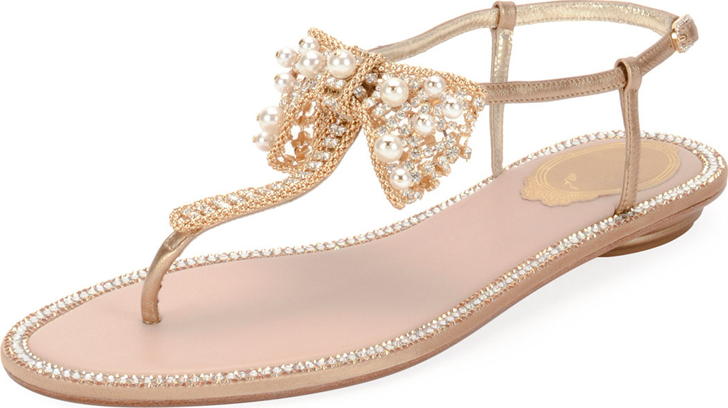 Rene Caovilla Flat Thong Sandal with Golden Bow