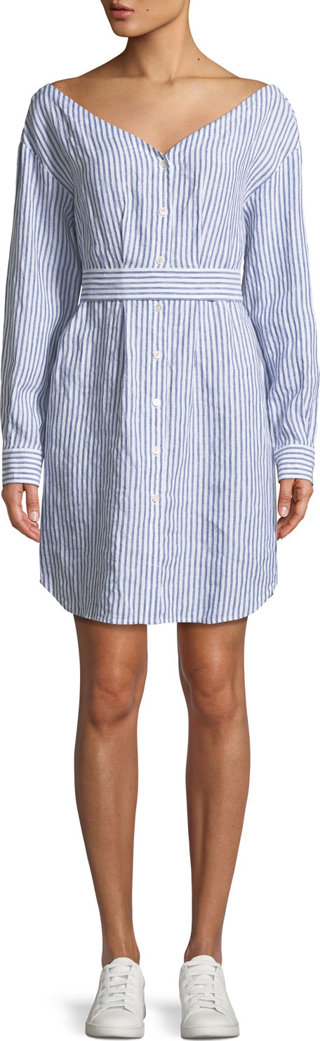 FRAME DENIM Striped V-Neck Button-Down Linen Dress