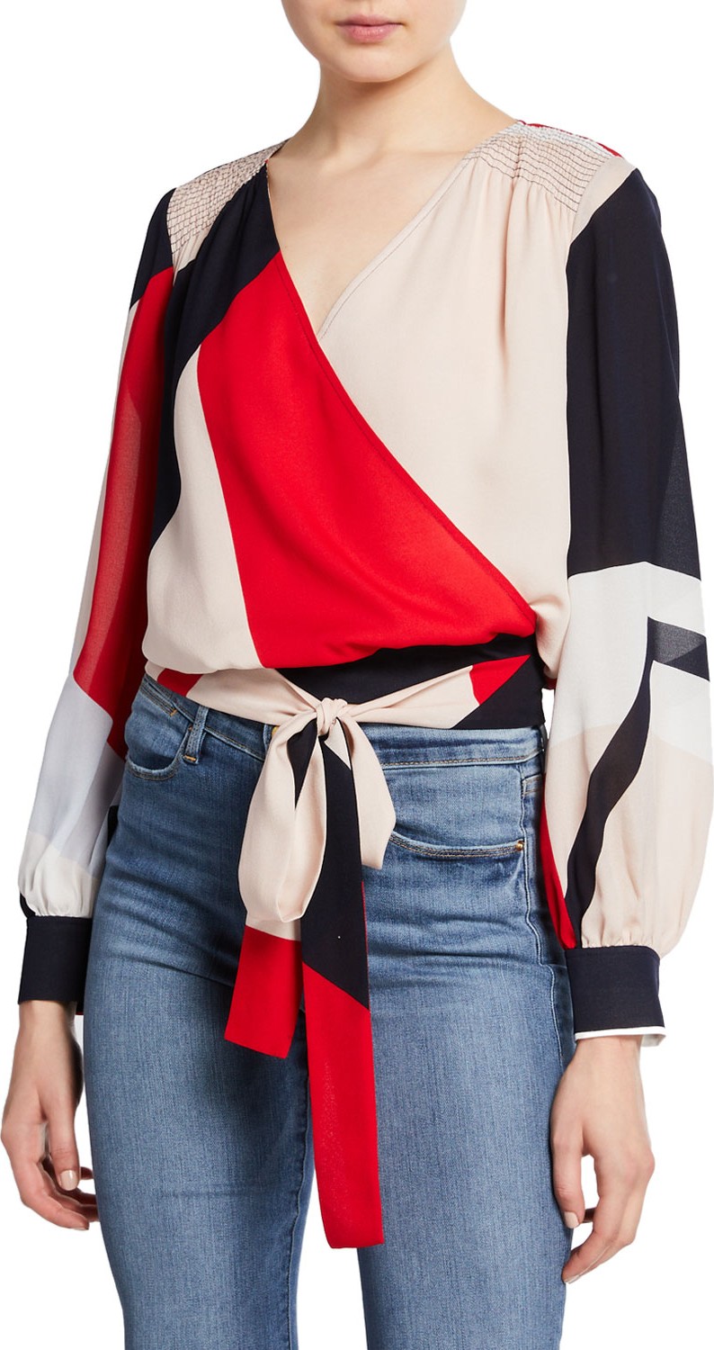 Tanya Taylor Klara Colorblock Long-Sleeve Wrap Top Tanya Taylor Klara Colorblock Long-Sleeve Wrap Top
