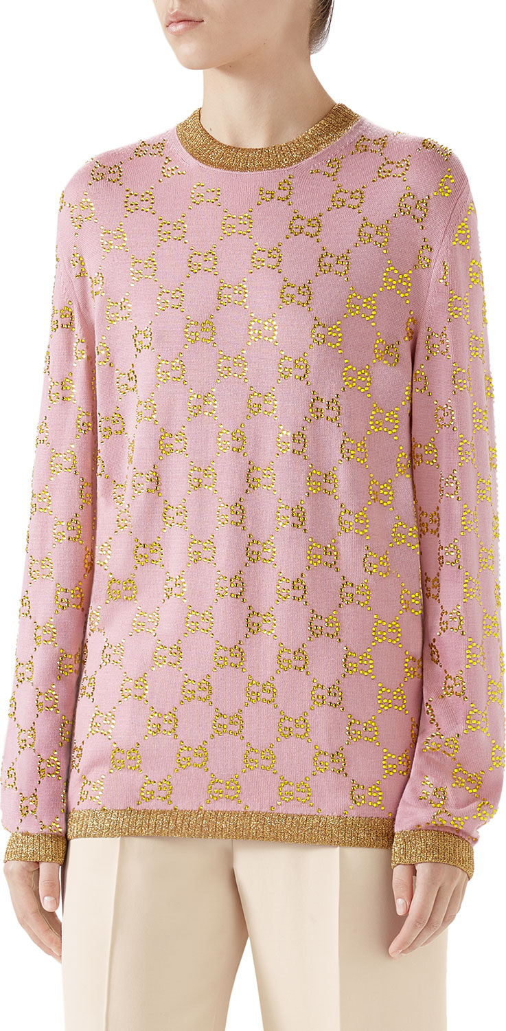 Gucci GG Beaded Jacquard Crewneck Fine Wool Sweater