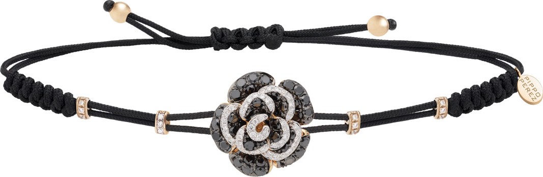 Pippo Perez Pull-Cord Bracelet with Black & White Diamond Rose in 18K Yellow Gold