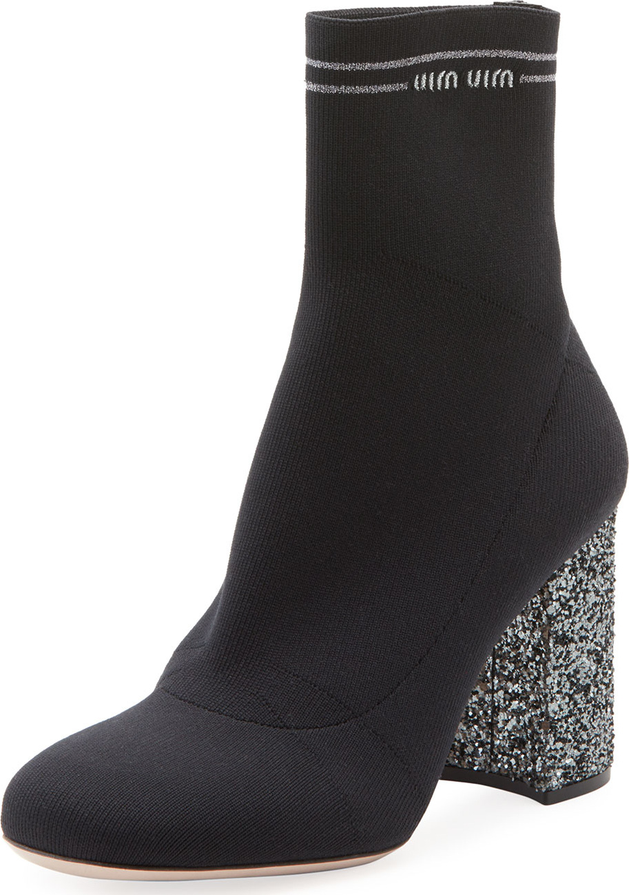 Miu Miu Glitter-Heel Metallic Sock Knit Bootie