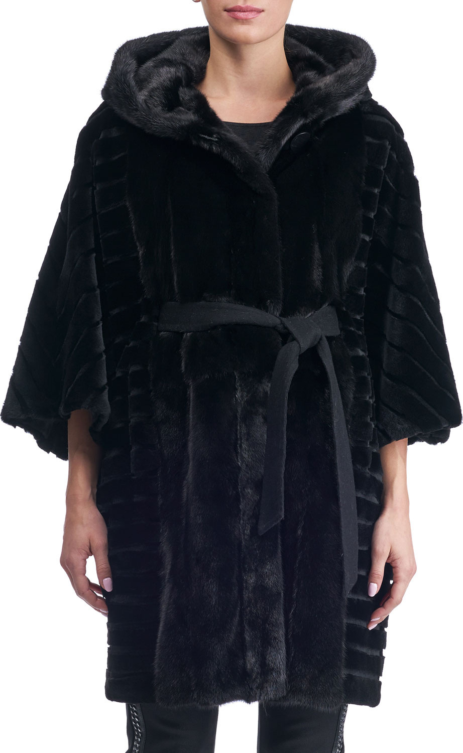 Gorski Batwing Sleeves Sheared Mink Short Coat with Hood