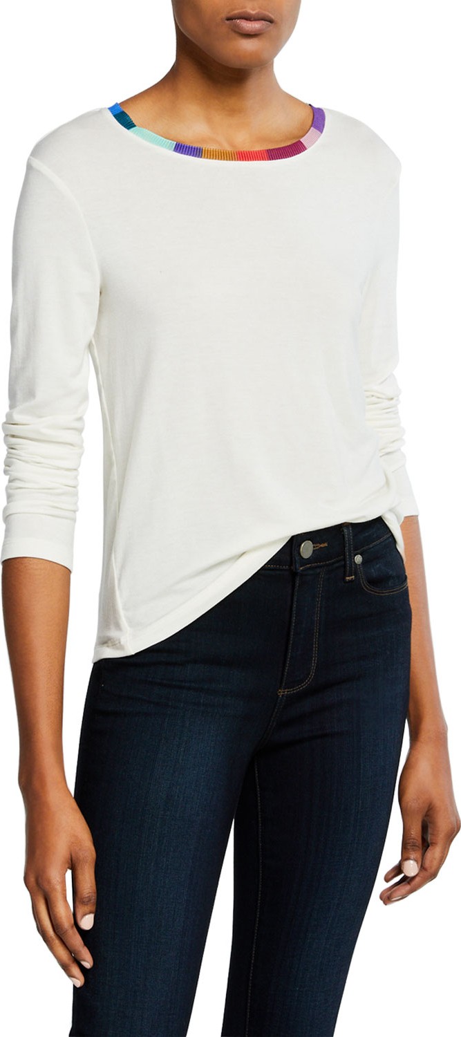 Splendid Long-Sleeve Wool-Blend Tee with Colorful Neckline