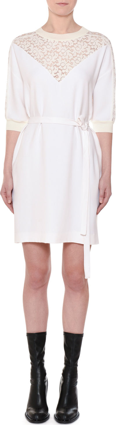 Stella McCartney Elbow-Sleeve Belted Shift Dress w/ Lace Yoke