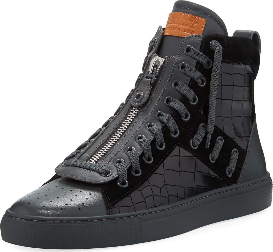 Bally Men's Hekem Croc-Embossed Leather High-Top Sneakers