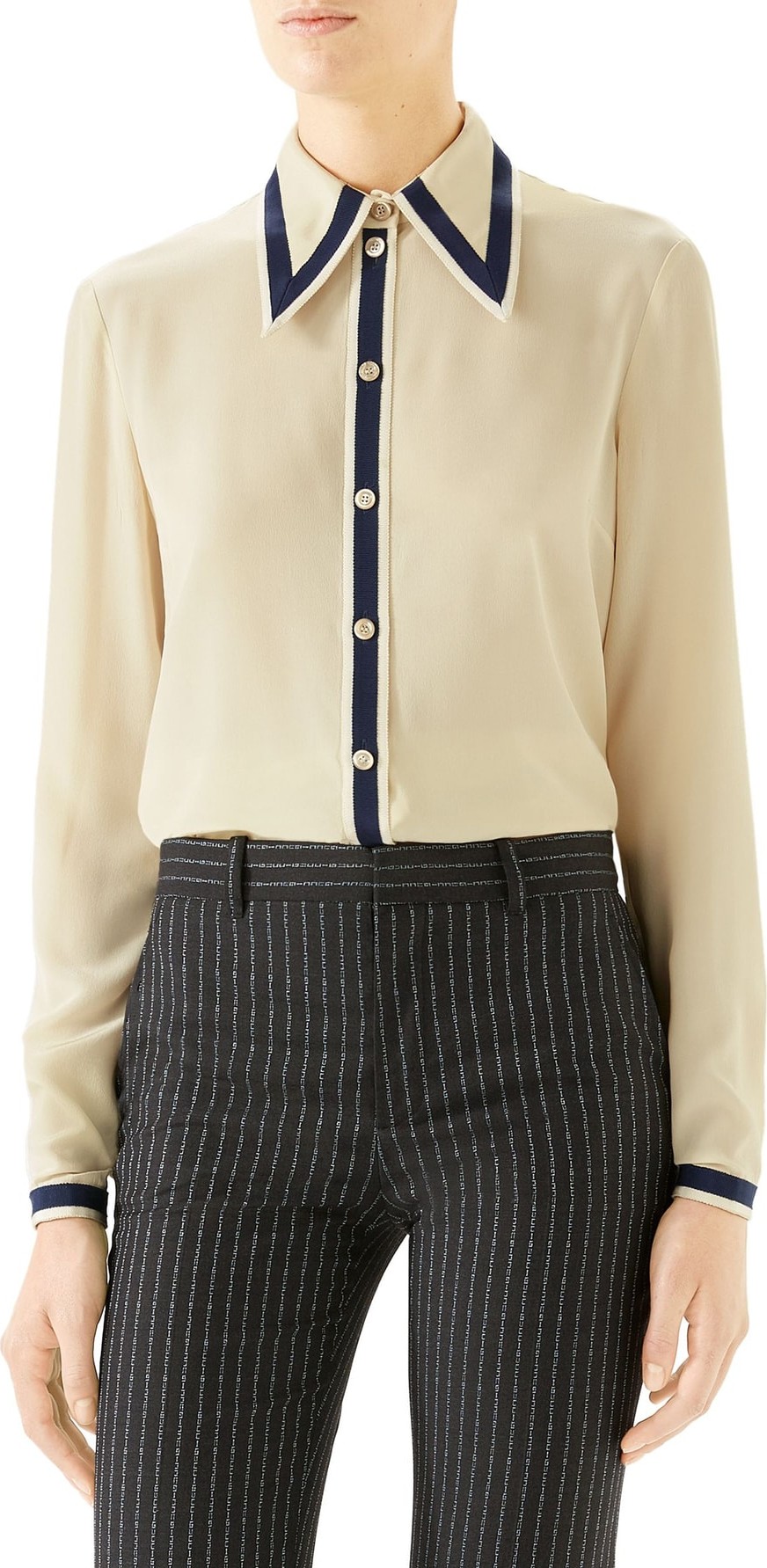 Gucci Grosgrain Trim Silk Crêpe de Chine Shirt Gucci Grosgrain Trim Silk Crêpe de Chine Shirt