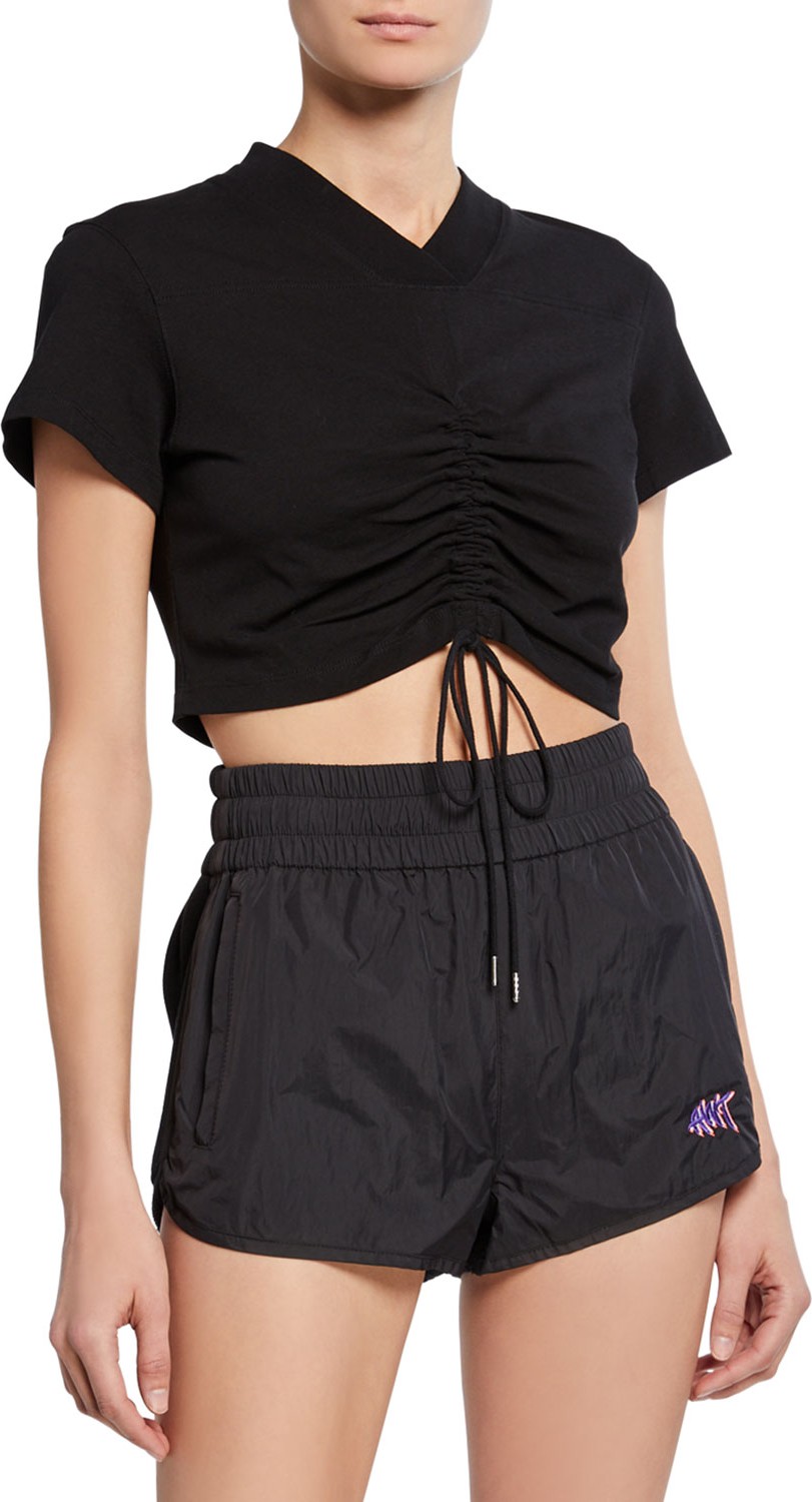 T By Alexander Wang High Twist V-Neck Short-Sleeve Ruched Jersey Crop Tee w/ Ties