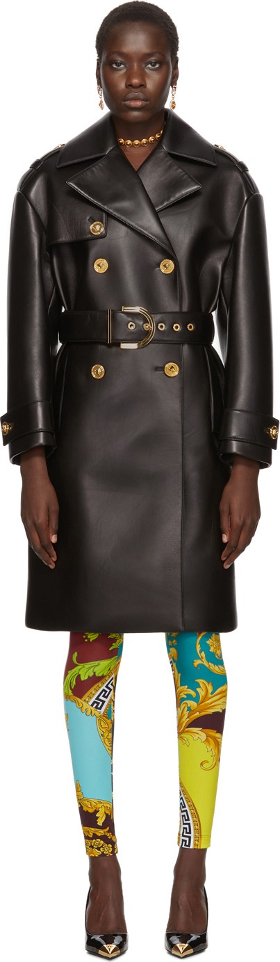 Versace Black Leather Belted Trench Coat