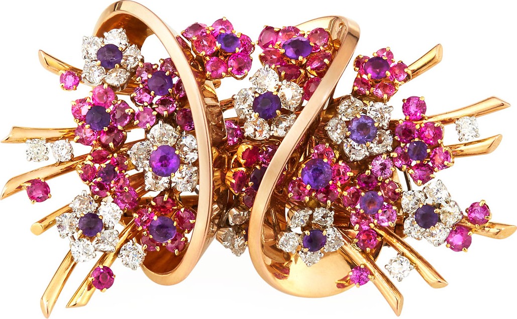 Hays Worthington Vintage Mauboussin 18k Rose Gold Diamond, Sapphire & Amethyst Brooch