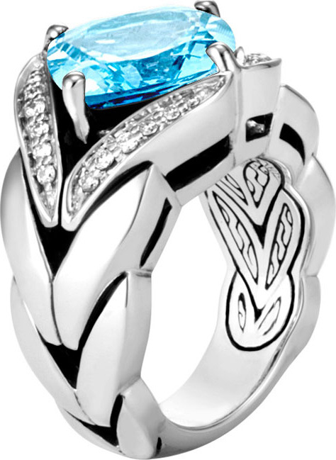 John Hardy Modern Chain Silver Diamond Pave Magic Cut Ring with Blue Topaz, Size 6