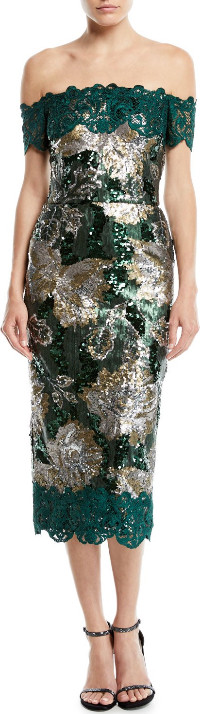 Marchesa Notte Off-the-Shoulder Sequined Peony Cocktail Dress with Guipure Lace Trim