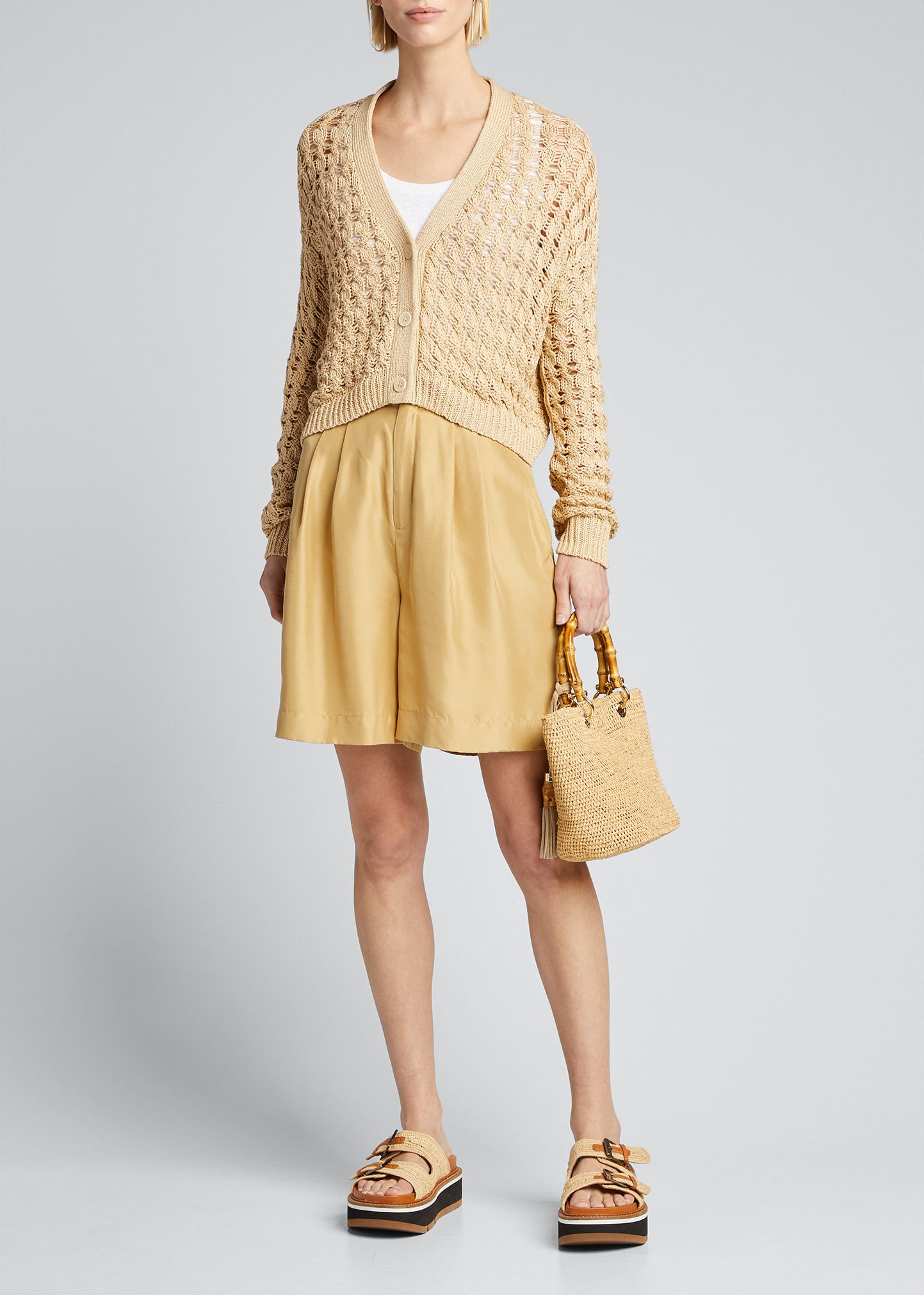 Vince Button-Front Open Cable Cardigan