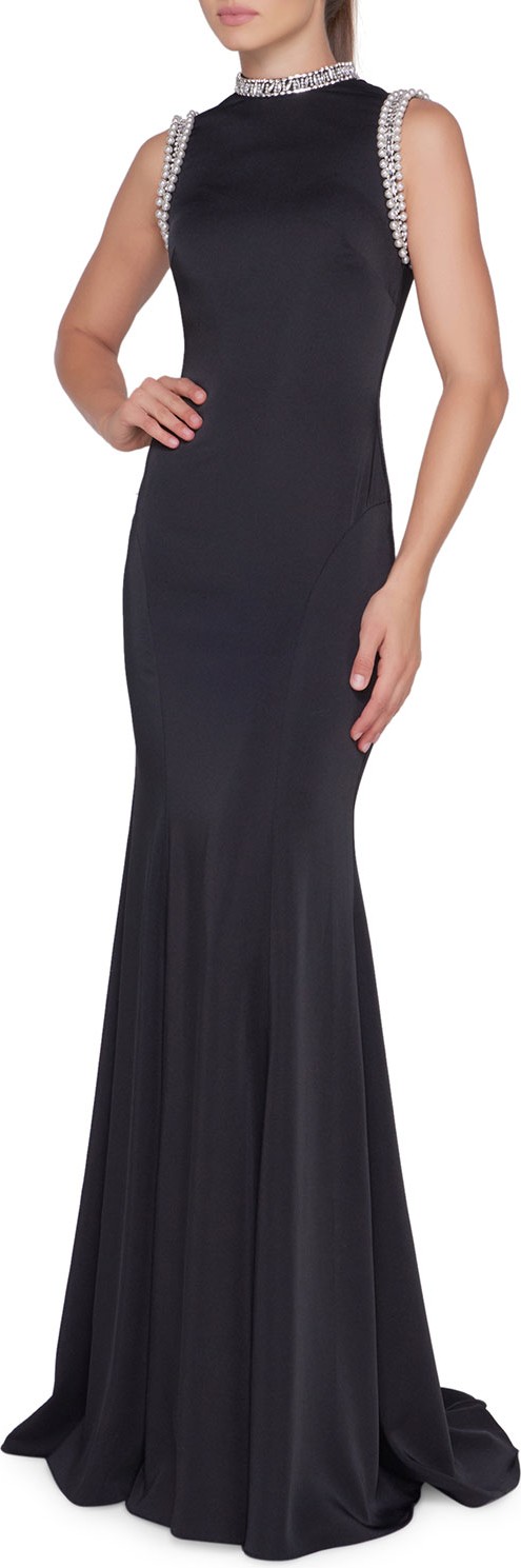 Ieena for Mac Duggal High-Neck Sleeveless Bodycon Gown w/ Beaded Trim