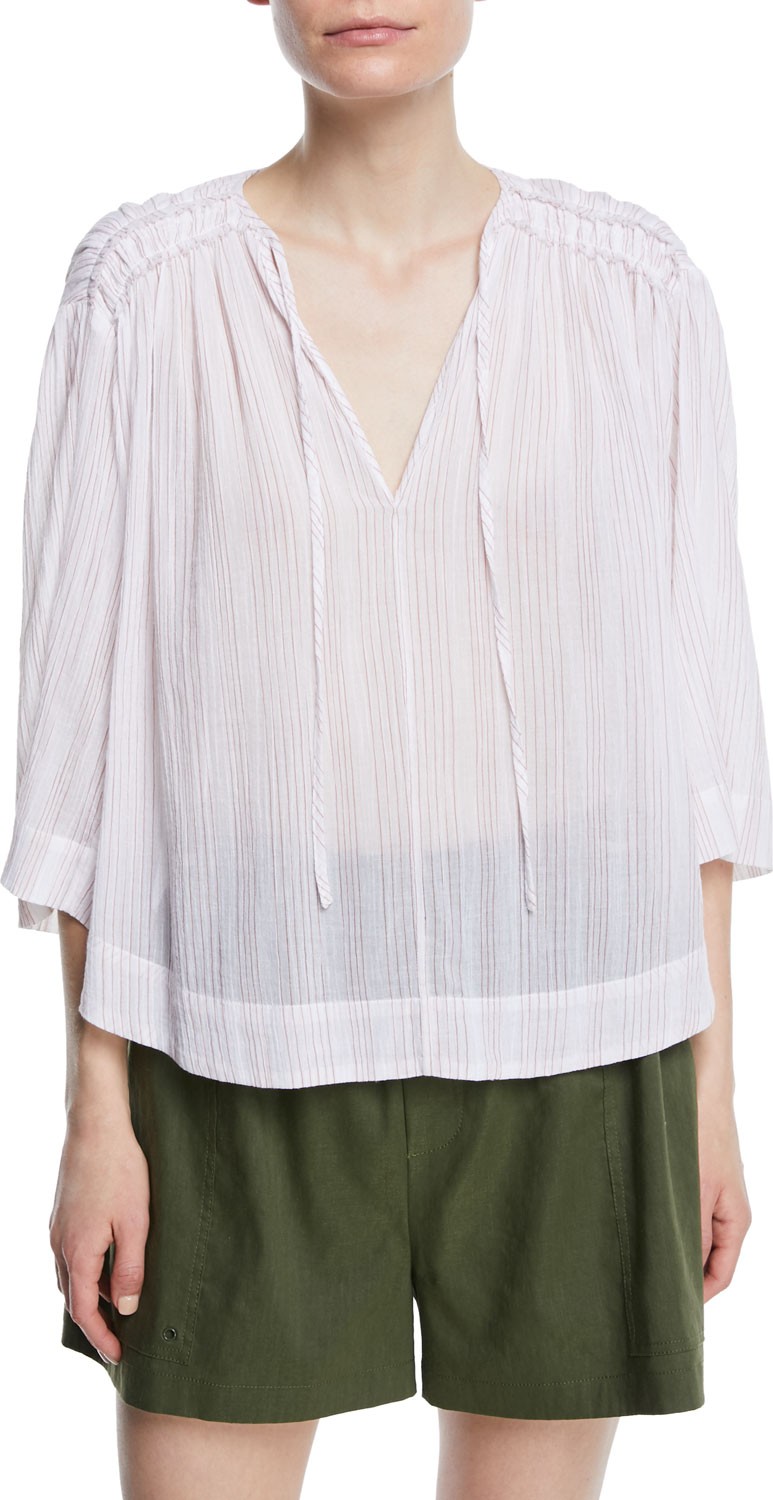 Vince Striped 3/4-Sleeve V-Neck Top