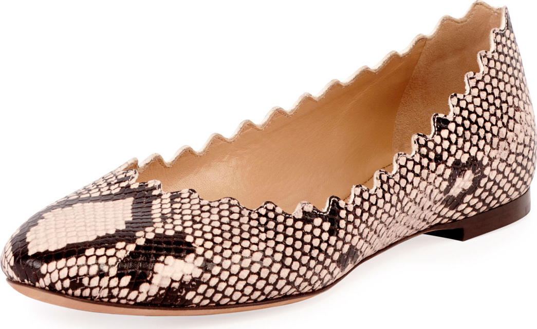 Chloe Lauren Scalloped Snake-Print Ballet Flats