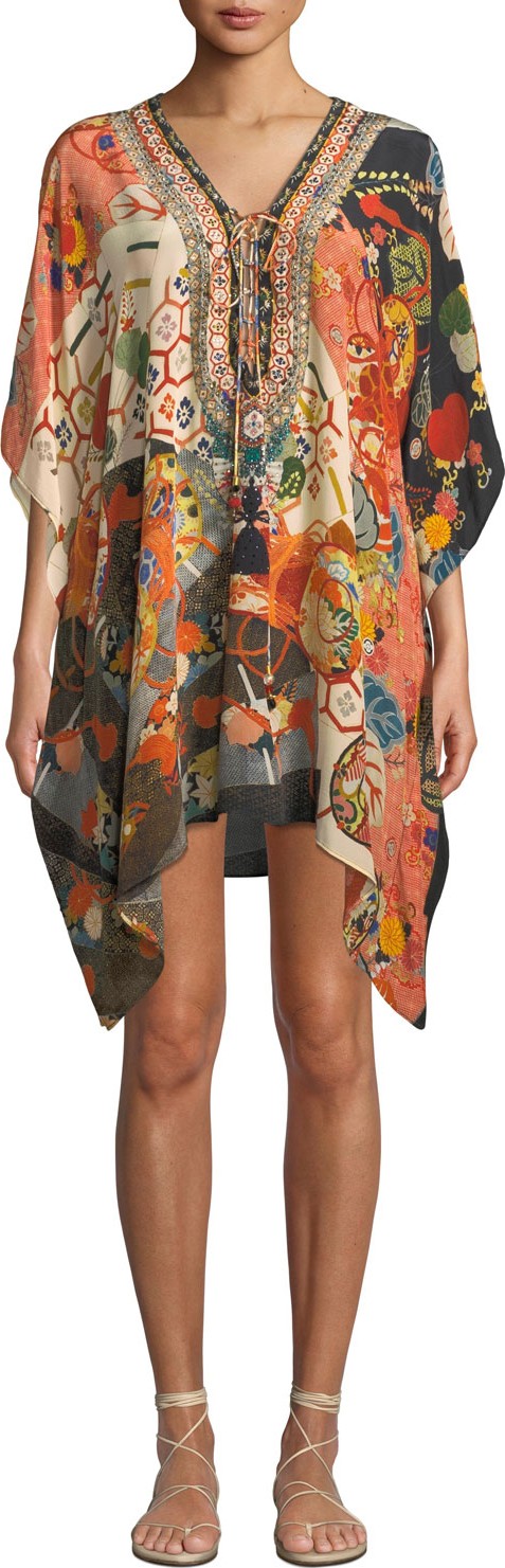Camilla Printed Embellished Lace-Up Short Coverup Kaftan