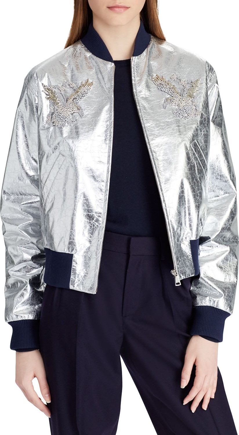 Ralph Lauren Juliet Beaded-Embellished Metallic Lamb Leather Bomber Jacket Ralph Lauren Juliet Beaded-Embellished Metallic Lamb Leather Bomber Jacket