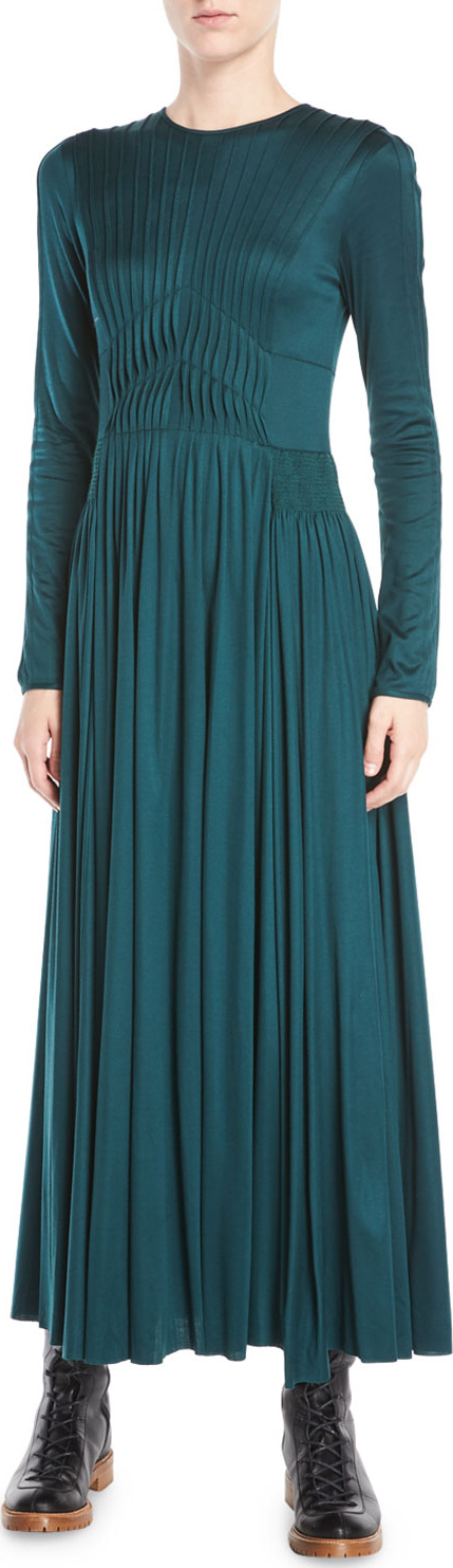Gabriela Hearst Hermina Long-Sleeve Pleated Silk Ankle-Length Dress
