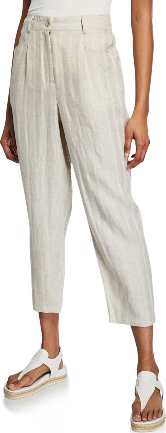 Masai Paolana Cropped Straight-Leg Linen Culotte Pants w/ Vertical Stripes