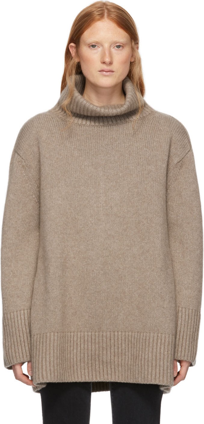 Khaite Taupe Cashmere Tenille Cut-Out Turtleneck