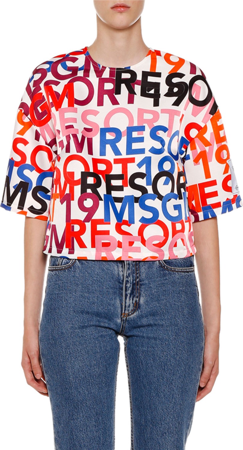MSGM Logo-Print Short-Sleeve Crop Top