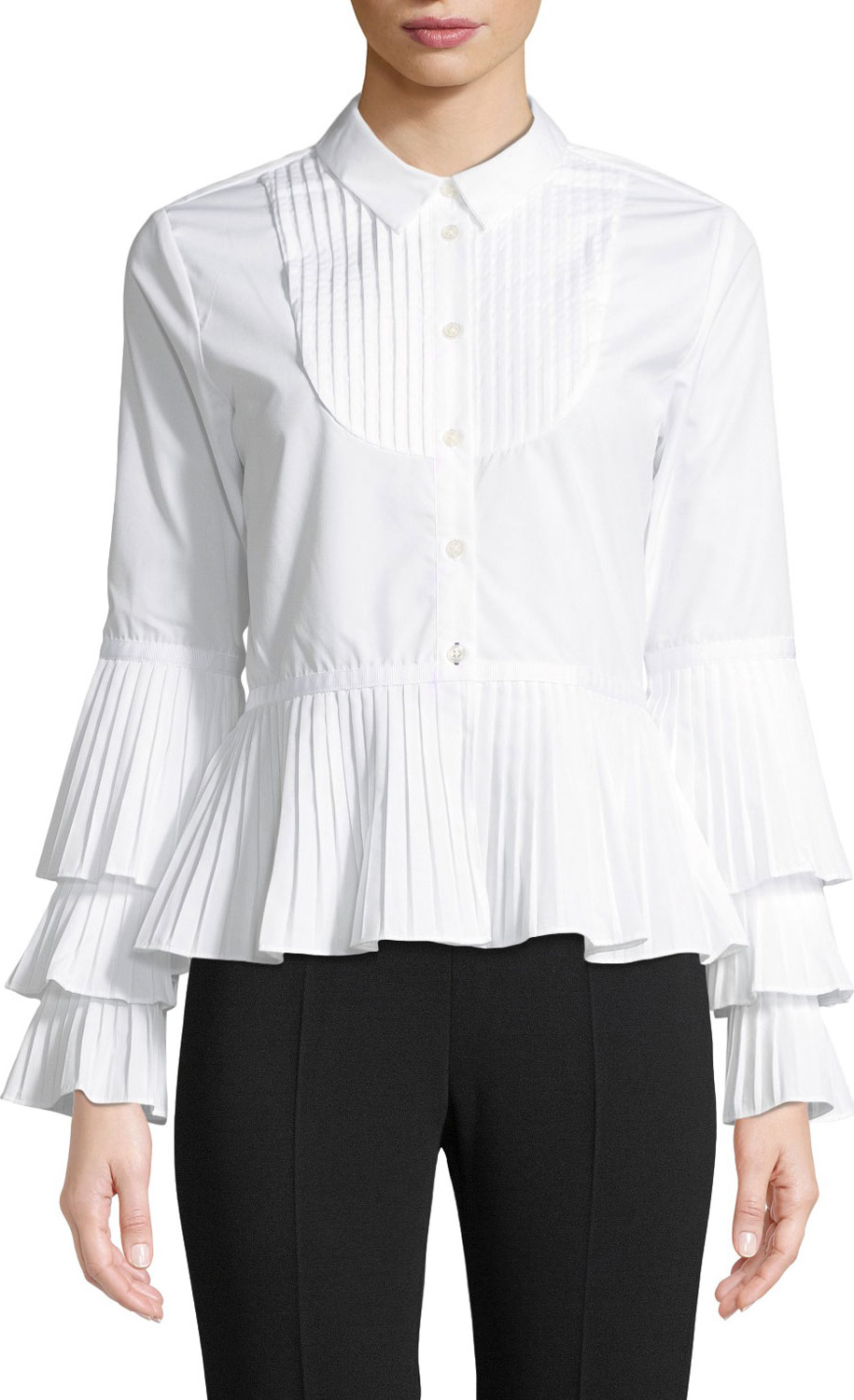 Jonathan Simkhai Pleated Oxford Peplum Button-Down Shirt