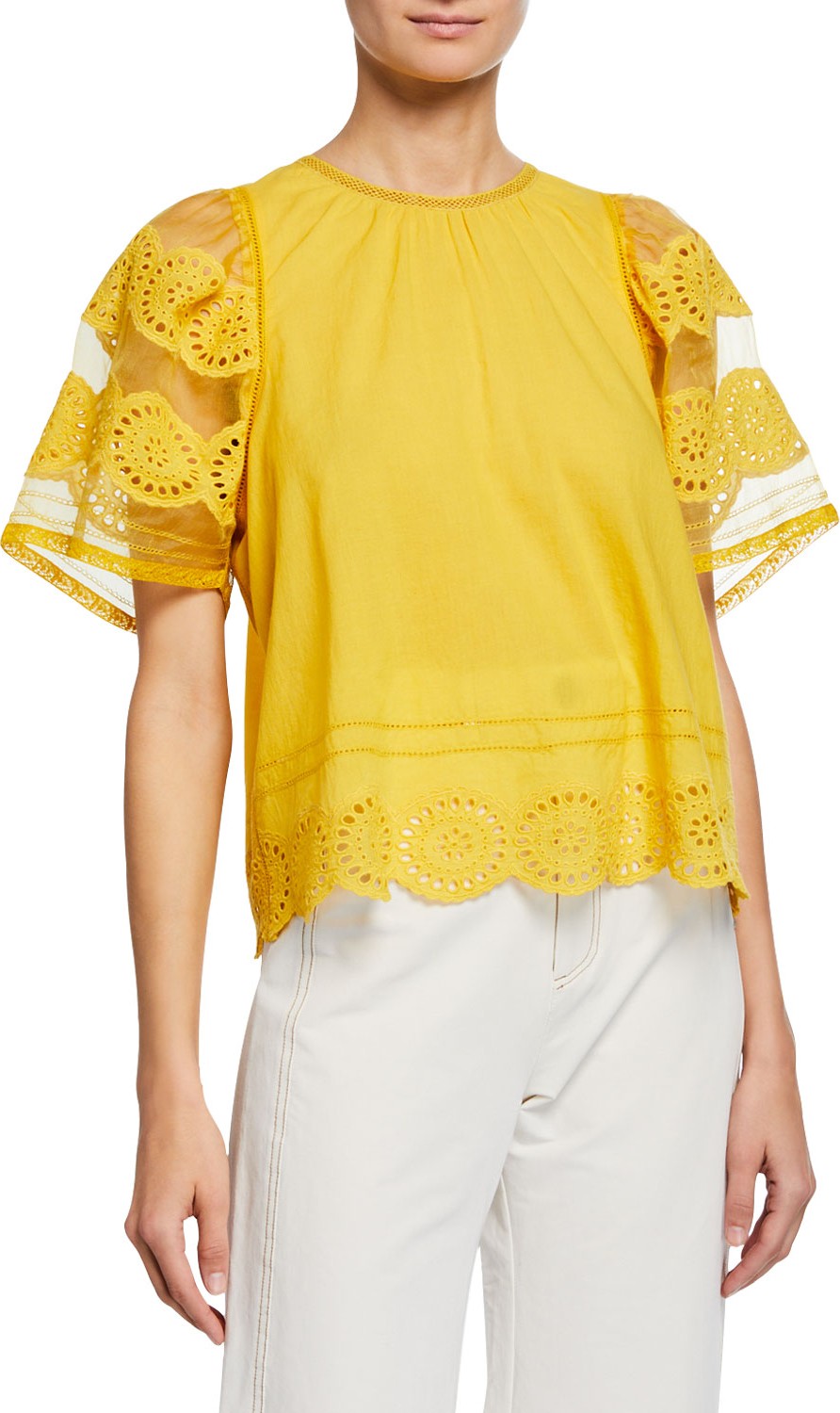 SEA Zinnia Crewneck Sheer-Sleeve Eyelet Cotton Top