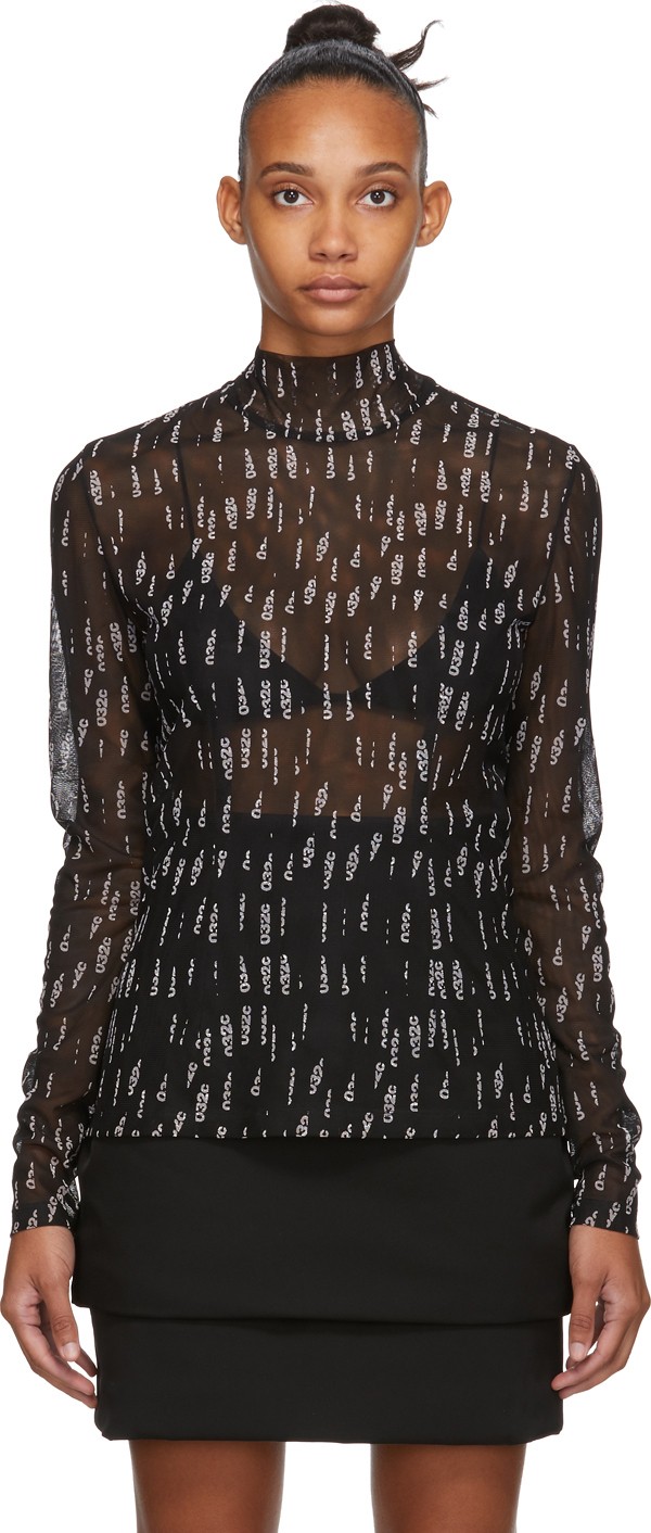 032c Black Mesh Logo Turtleneck Long Sleeve T-Shirt