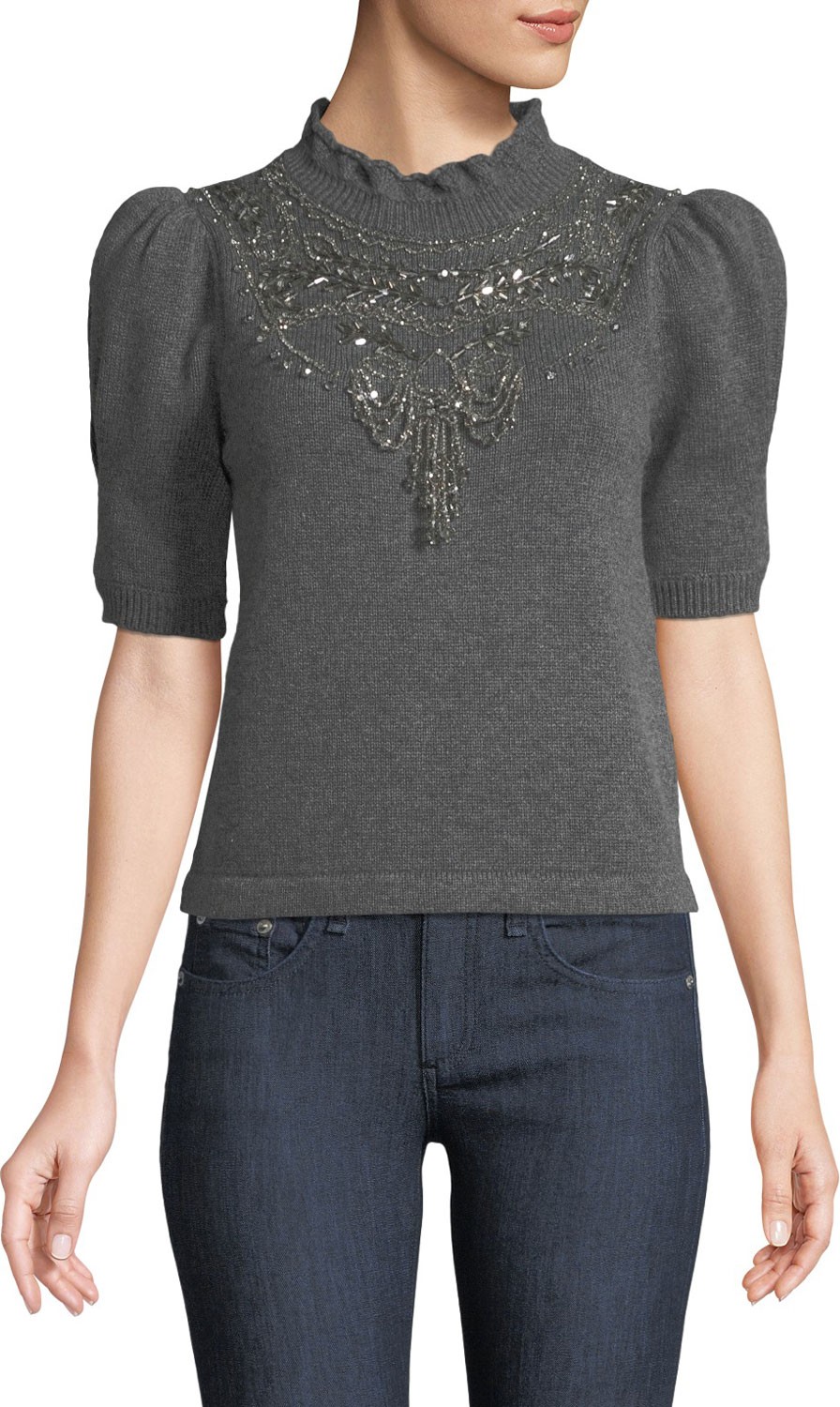 Co Mock-Neck Pouf-Sleeve Wool-Cashmere Sweater w/ Chandelier Embellishment