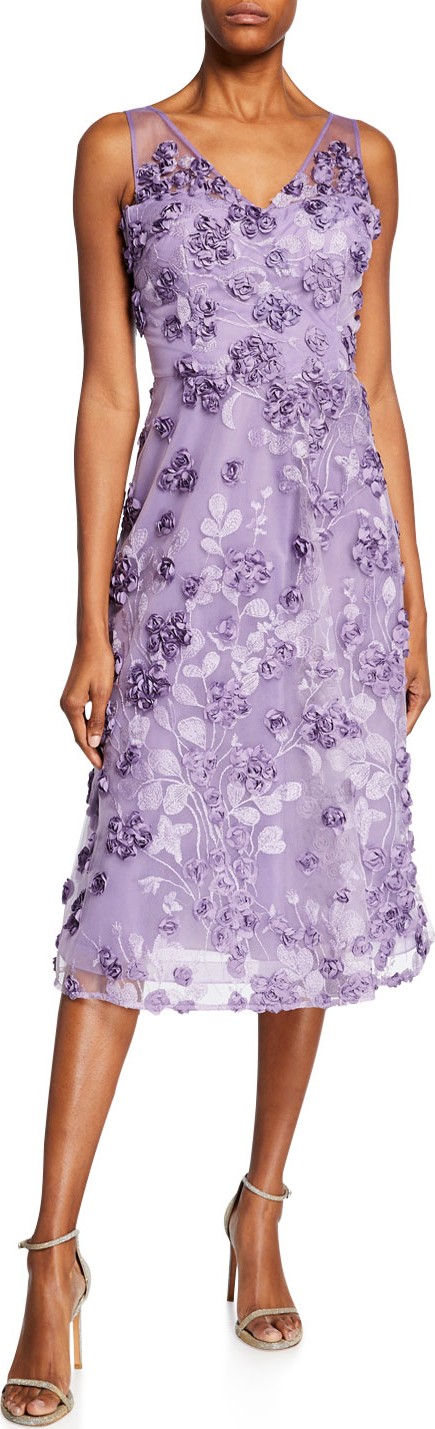 Rickie Freeman for Teri Jon Tulle Tea-Length Dress w/ Floral Appliques