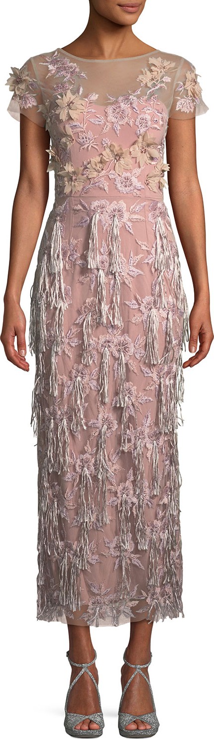 David Meister Cap-Sleeve 3-D Floral & Tassels Embroidered Long Formal Dress