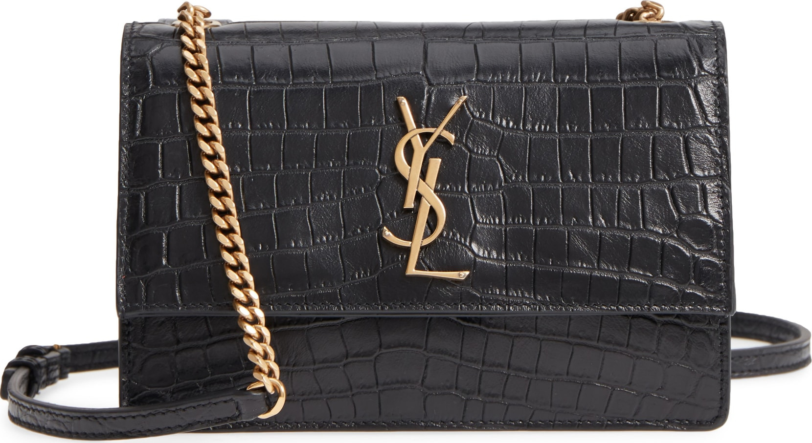 Saint Laurent Small Sunset Croc Embossed Leather Shoulder Bag
