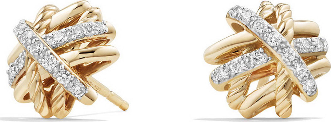 David Yurman 1mm Crossover 18K Yellow Gold Earrings with Diamonds