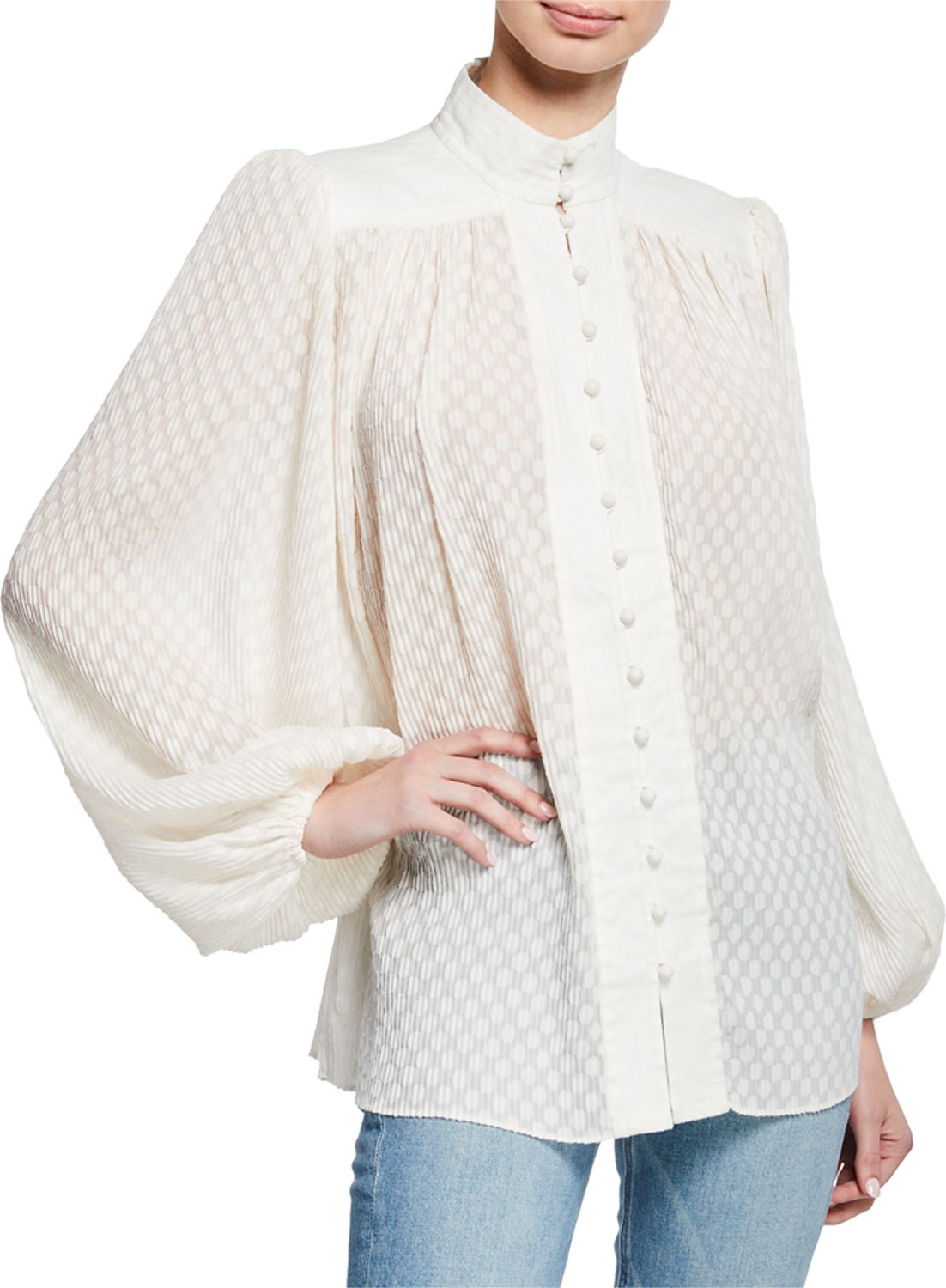 Zimmermann High-Neck Blouson-Sleeve Plisse Blouse