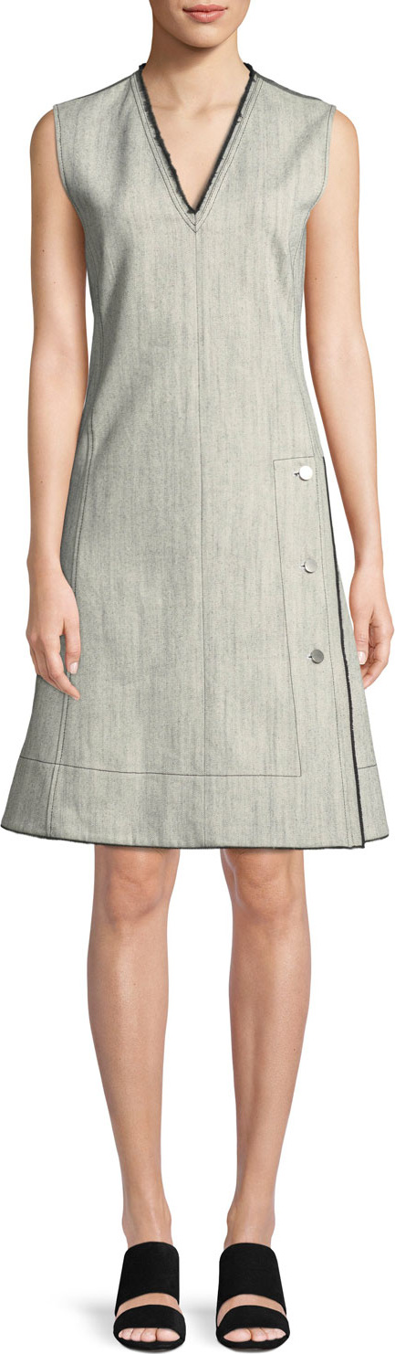 Derek Lam Sleeveless V-Neck A-Line Stretch-Denim w/ Side Buttons