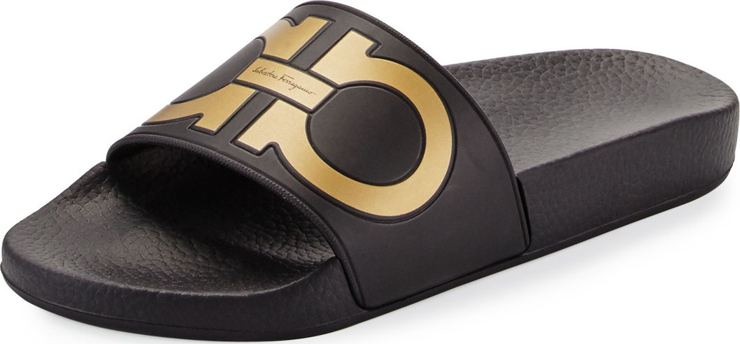 Salvatore Ferragamo Groove Gancini Flat Slide Sandal, Nero/Oro