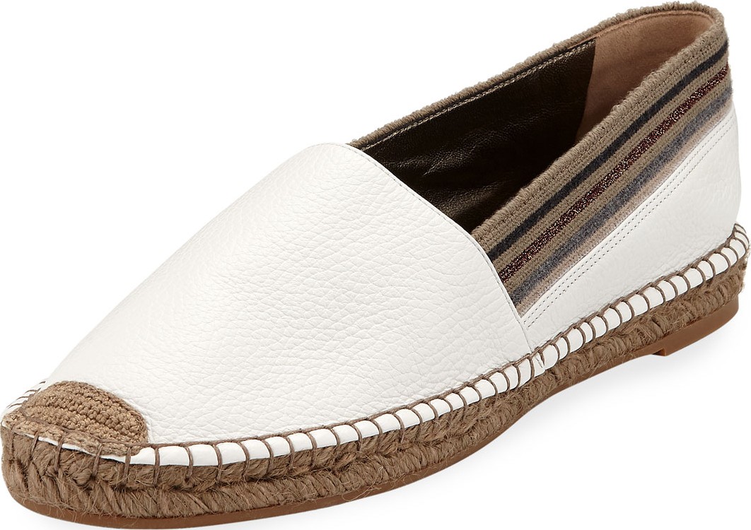 Brunello Cucinelli Flat Leather Slip-On Espadrilles with Striped Cuff