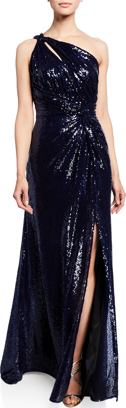RENE RUIZ Sequin One-Shoulder Gown with Ruched Bodice