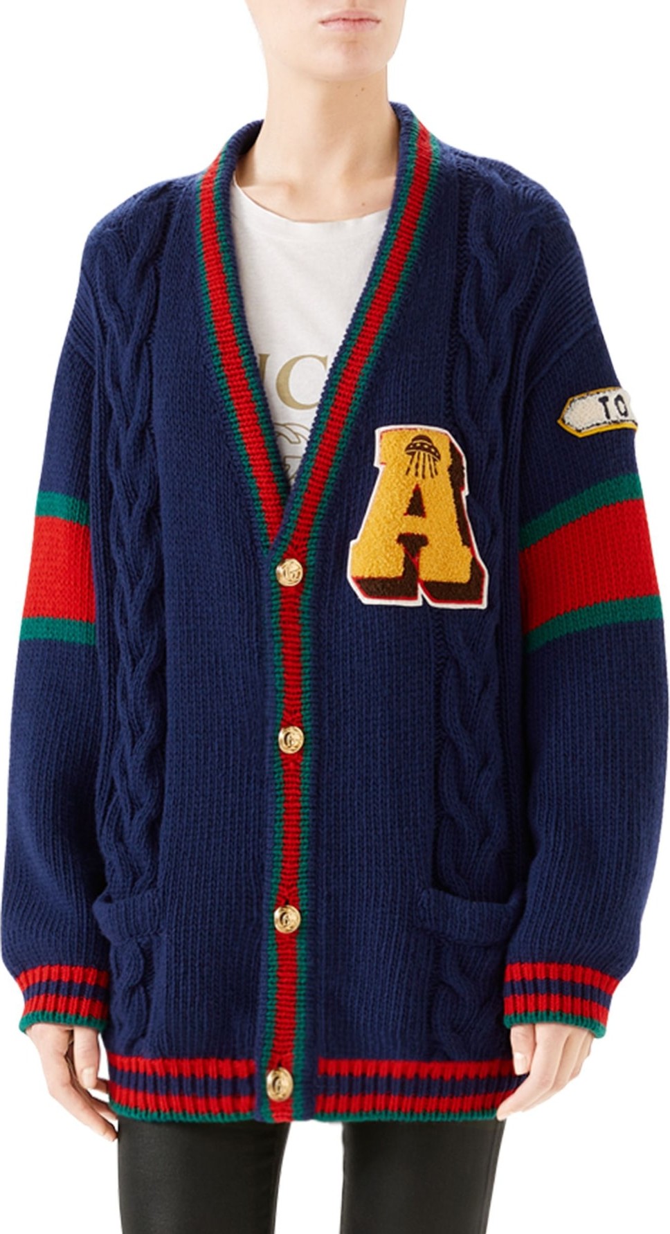 Gucci Wool Cable Knit Varsity Cardigan