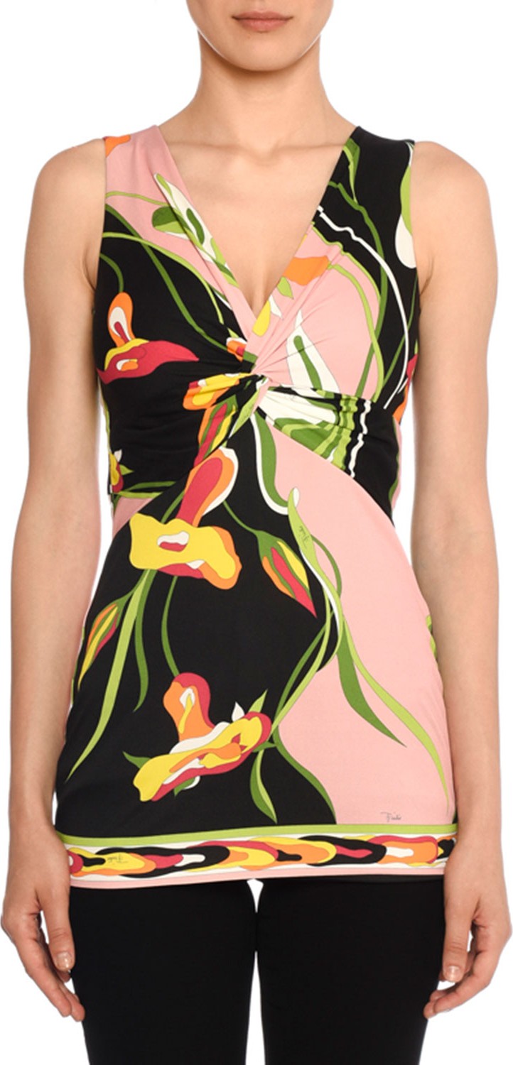 Emilio Pucci Twisted-Bodice Sleeveless Water Lily Print Top