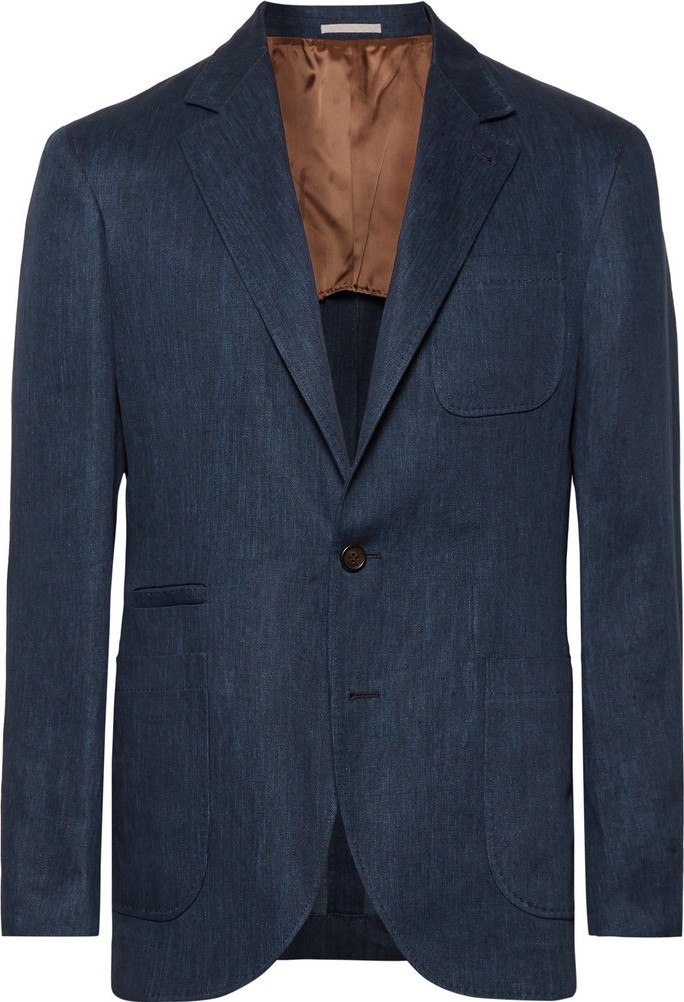 Brunello Cucinelli Storm-Blue Slim-Fit Mélange Linen Blazer