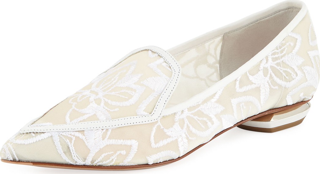 Nicholas Kirkwood Beya Orchid Embroidered Mesh Point-Toe Flat Loafers
