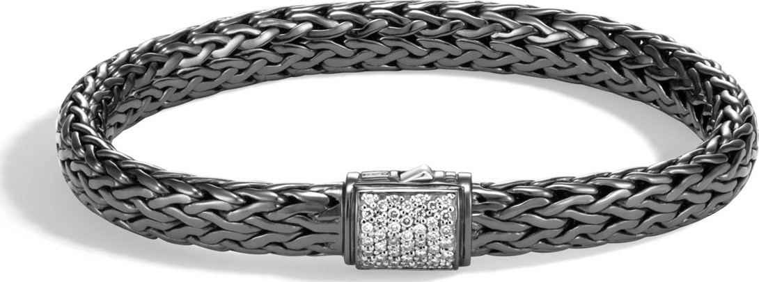 John Hardy Classic Chain Black Rhodium-Plated Bracelet w/ Diamond Pusher Clasp, Size M