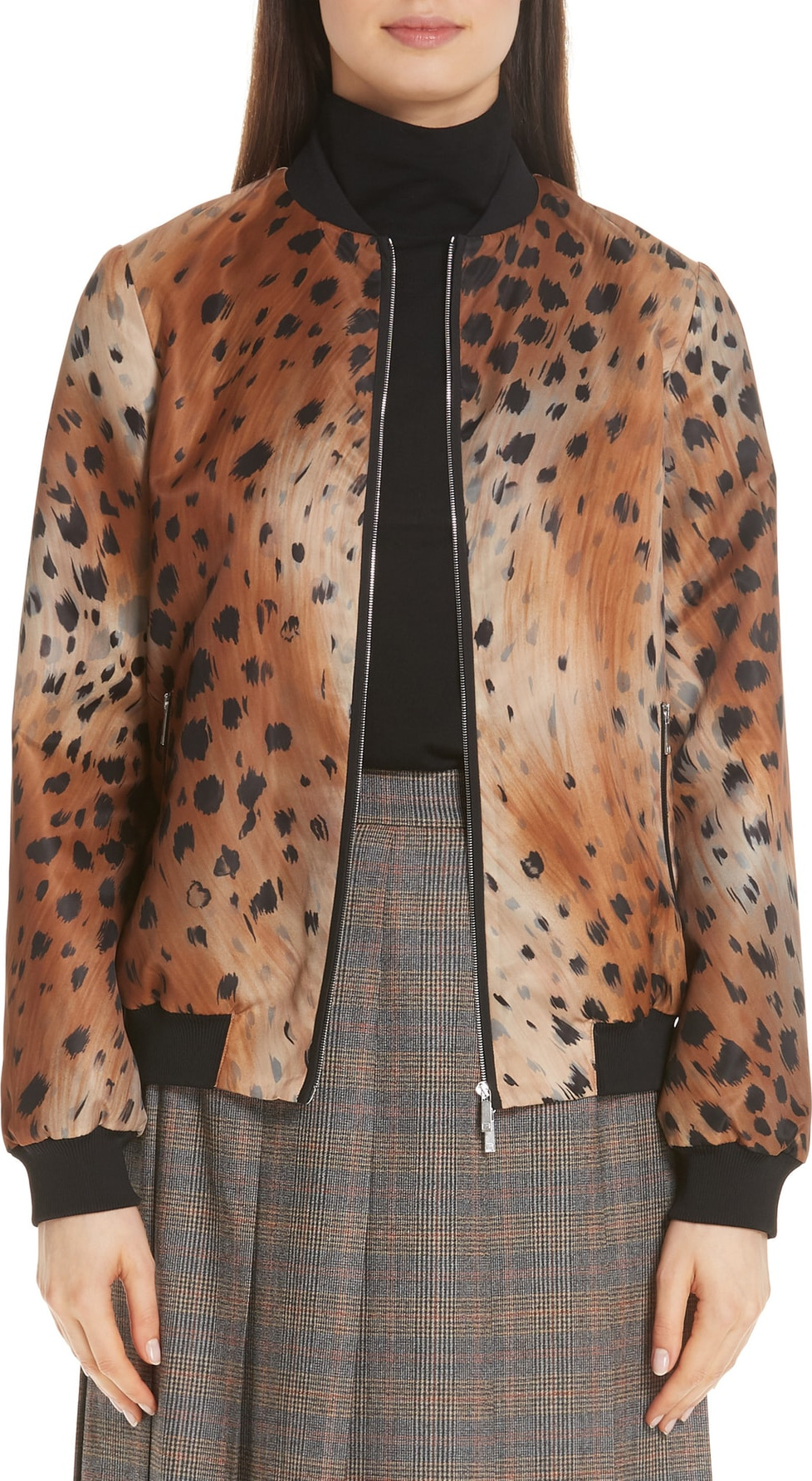 Lafayette 148 New York Melrose Agave Leopard Tech Cloth Bomber Jacket