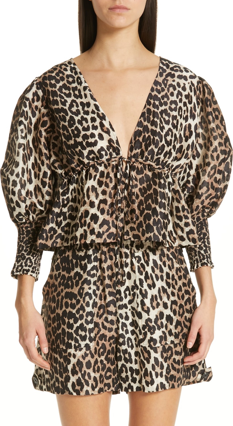Ganni Animal Print Reversible Linen & Silk Top