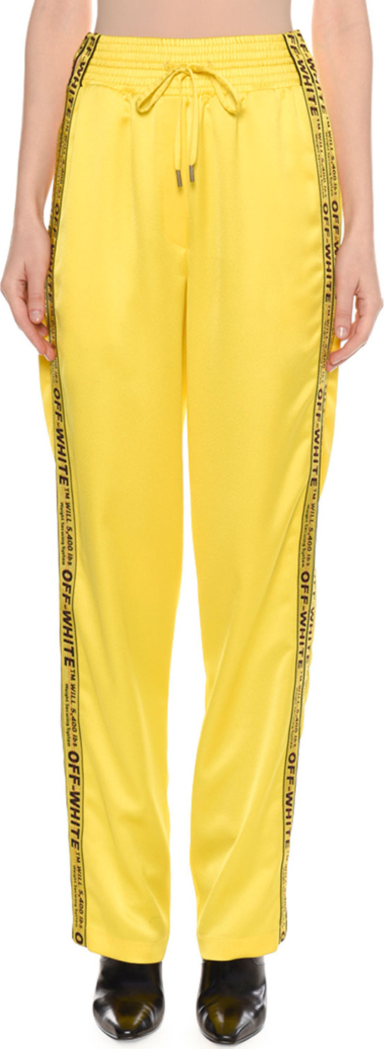 Off White Drawstring-Waist Straight-Leg Pants with Logo-Embossed Tape