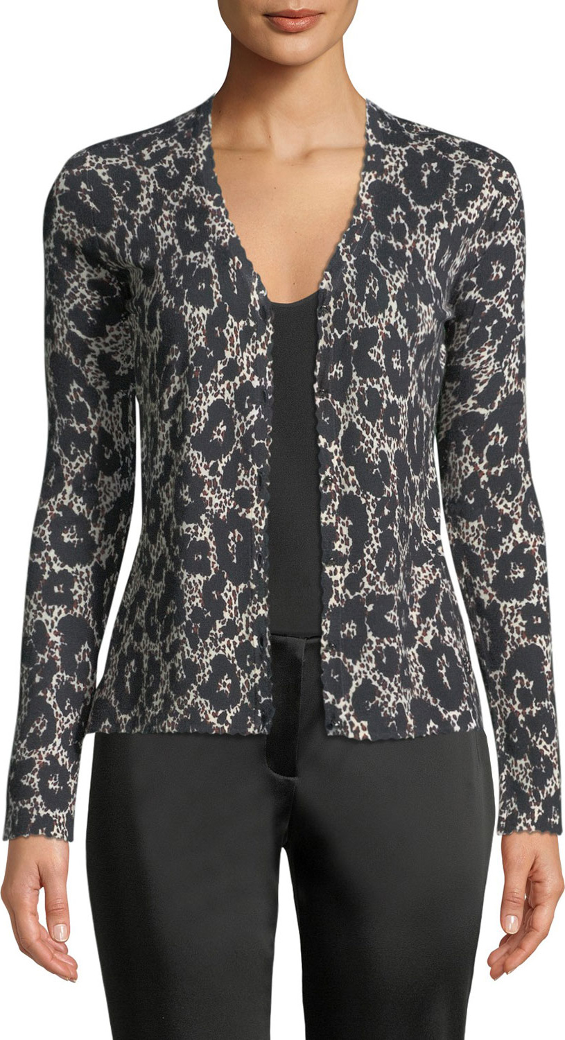 Roberto Cavalli Button-Front Long-Sleeve Leopard-Print Cashmere-Silk Cardigan