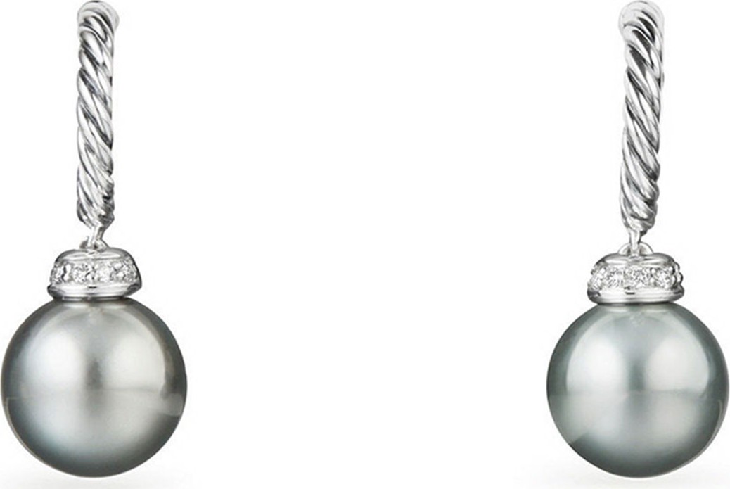 David Yurman Solari 9mm Silver Drop Hoop Earrings w/ Diamonds