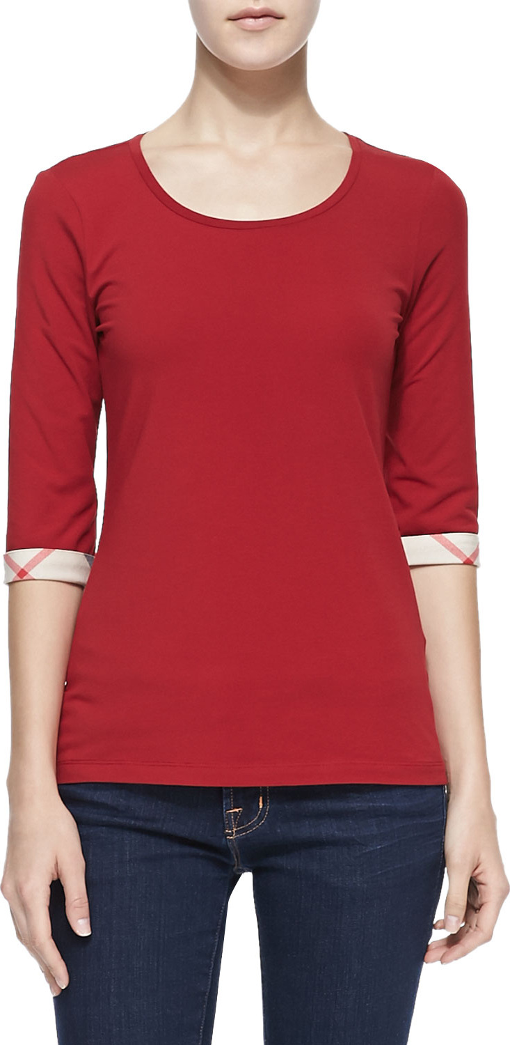 Burberry London England 3/4-Sleeve Check-Cuff Jersey Tee